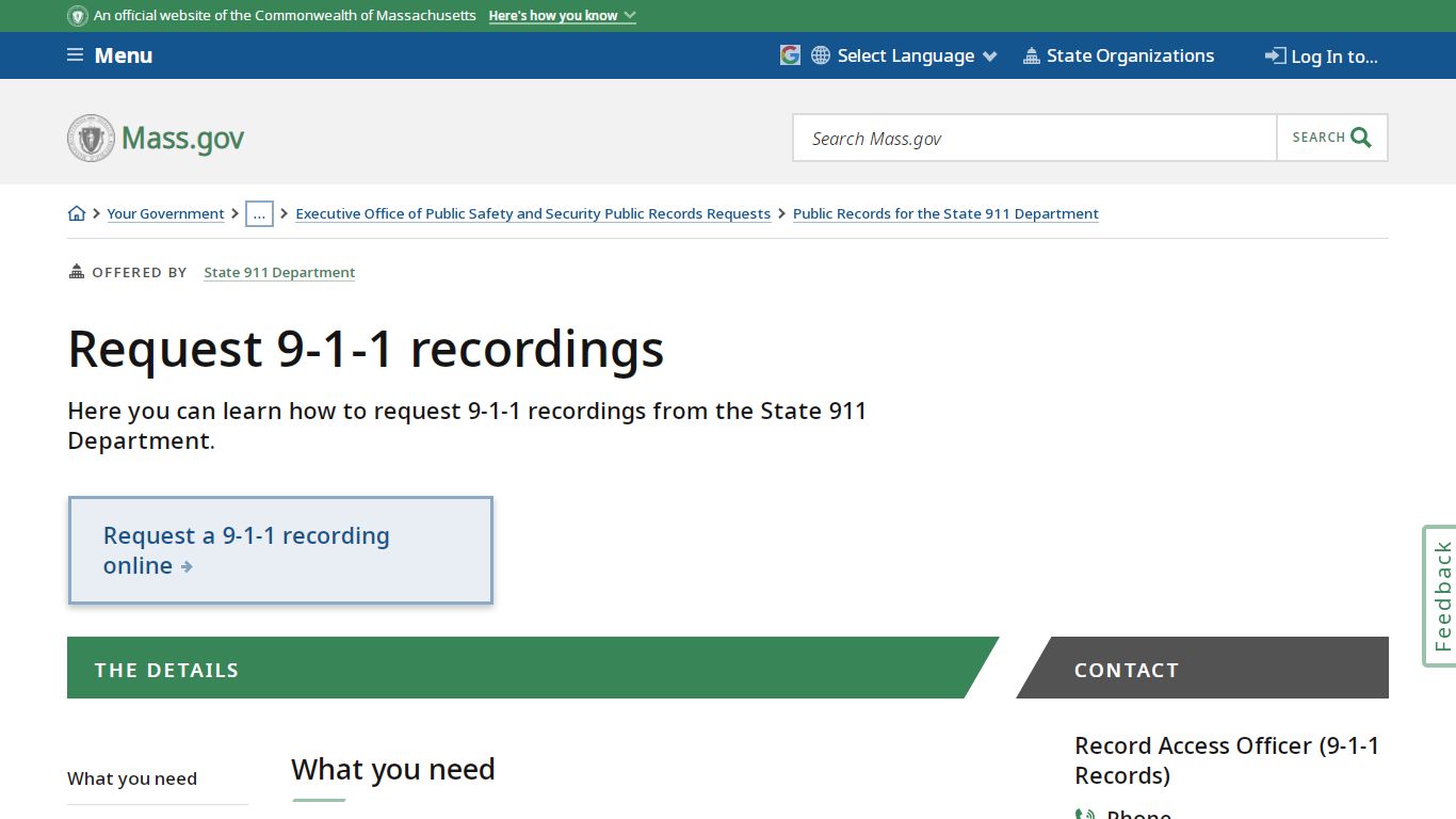 Request 9-1-1 recordings | Mass.gov